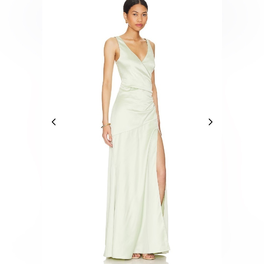 NWT Lovers and Friends Dawn Gown Sage Green draped satin maxi dress Revolve S